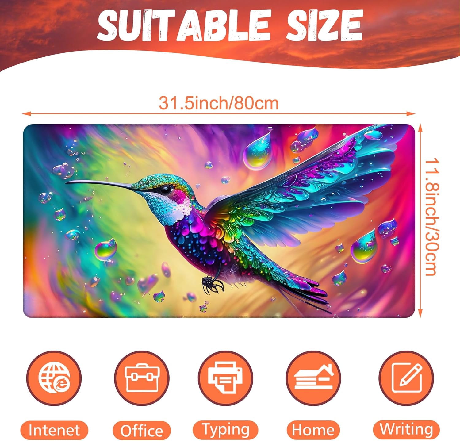 Large Gaming Mouse Pad for Desk, Colorful Hummingbird Desk Mat, Bright Hummingbird Desk Pad, 31.5"x11.8" Extended Big Computer Keyboard Mouse Pad with Non-Slip Base and Stitched Edge