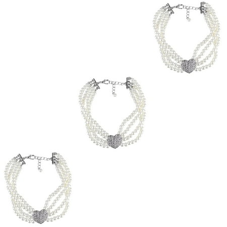 3pcs Pet Four Row Pearl Necklace Crystal Pandant Heart Pet Necklace Fashion Jewelry (White  Size L)