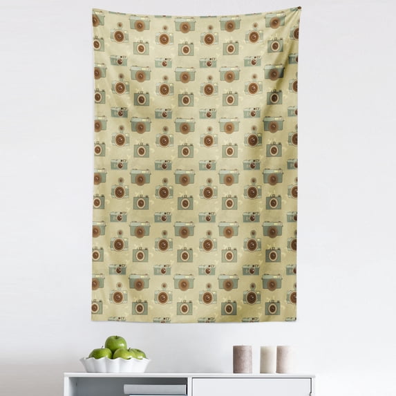 Hipster Tapestry, Old Style Cameras on a Grungy Background Antique Retro Equipment, Fabric Wall Hanging Decor for Bedroom Living Room Dorm, 5 Sizes, Reseda Green Sand Brown, by Ambesonne