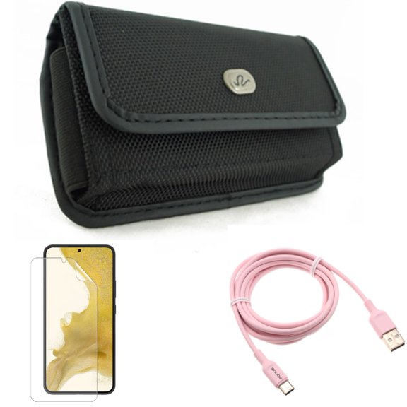 6ft USB-C Cable & Case Belt Clip & Matte Screen Protector for Samsung Galaxy S22 (6.1") - Pink Charger Cord & Rugged Holster & TPU Film Anti-Glare Accessory Bundle
