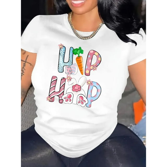 Women's Casual Rabbit & Carrot Graphic Tee - Comfy Crew Neck Short Sleeve T-Shirt, Perfect for Summer