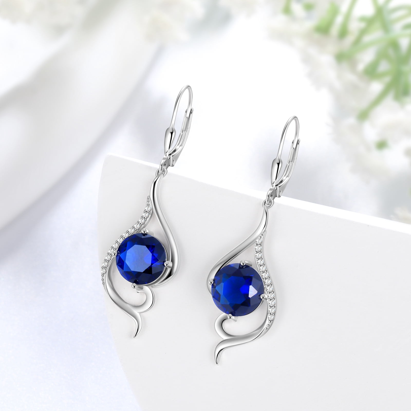 Juwaliy Women Blue Sapphire Dangle Earrings September Birthstone Sterling Silver Earring Leverback Tail Jewelry Mom Christmas Birthday Valentines Mothers Day Gift for Her