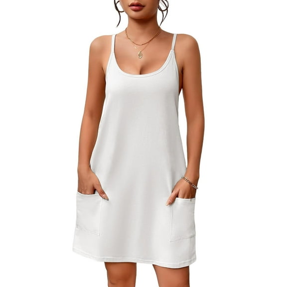 Ekouaer Nightgowns for Women Cotton Sleepwear Adjustable Spaghetti Strap Sleepshirt Racerback Sleep Dress with Pockets