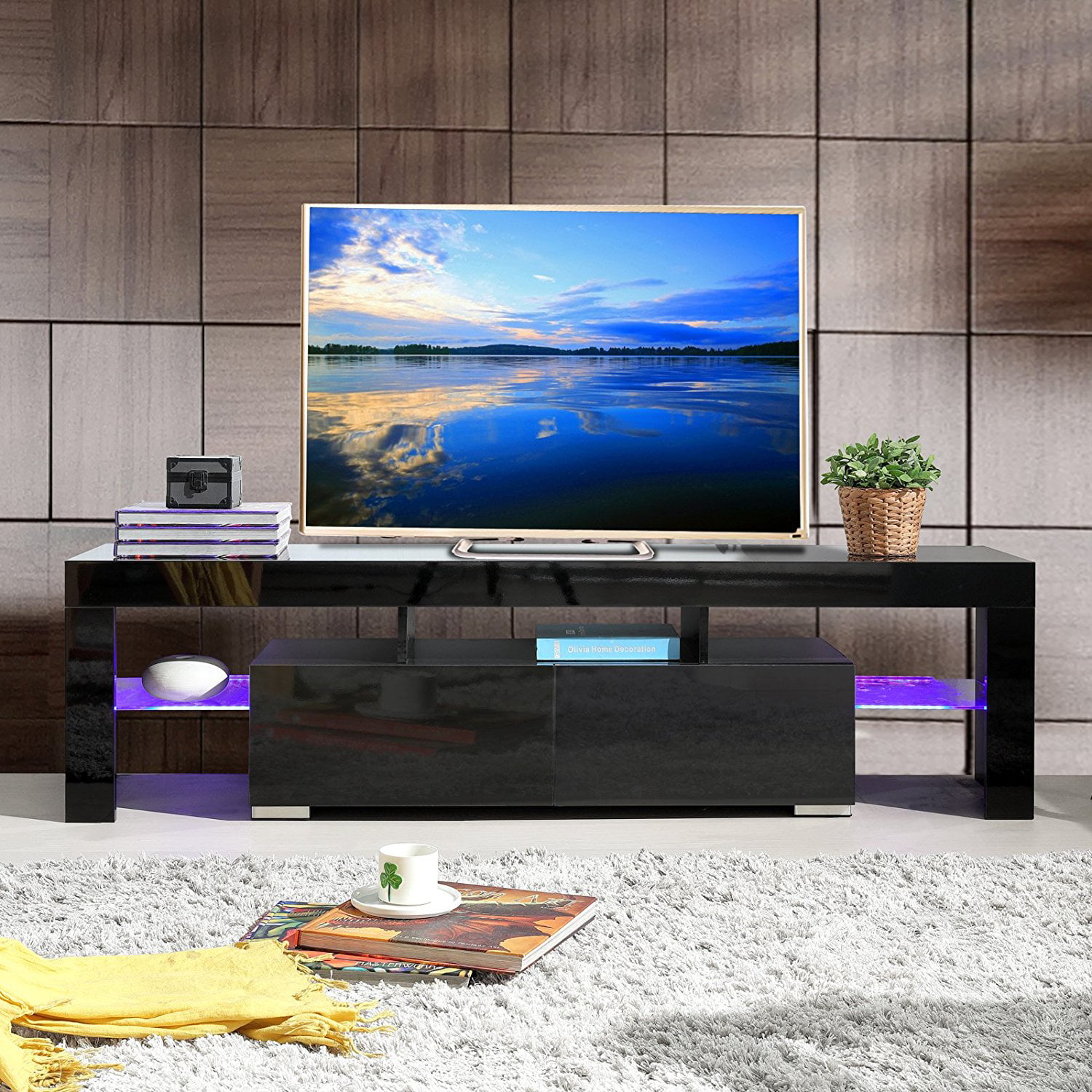Modern 130cm High Gloss Door and Matt Body TV Unit Stand Cabinet W//LED Lights Flat Screen TV Cabinet Console Table for Livingroom Bedroom with Storage Drawer