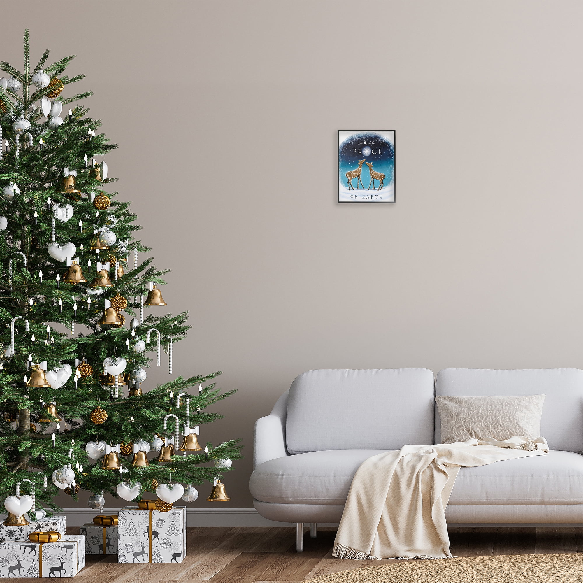 Stupell Industries Peace On Earth Reindeer Holiday Painting Black Framed Art Print Wall Art, 11 x 14