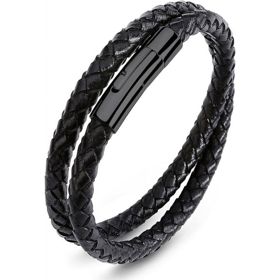 Black Blue Braided Leather Bracelet - Mens Genuine Leather Bracelets Woven with Leather Cord Rope & Steel Wire - Durable Stainless Steel Spring Clasp