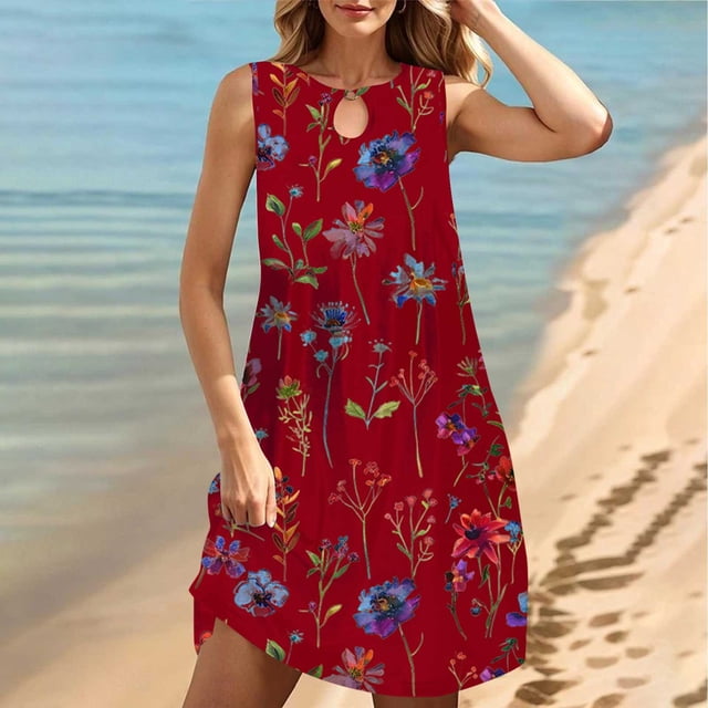 FcBaudy Robe Sans Manches Col Rond, Robes d'Été pour Femmes, Robes pour Femmes Col Rond Sans Manches Dégradé Teinture sur Nœuds Robe de Plage Robe pour Femmes