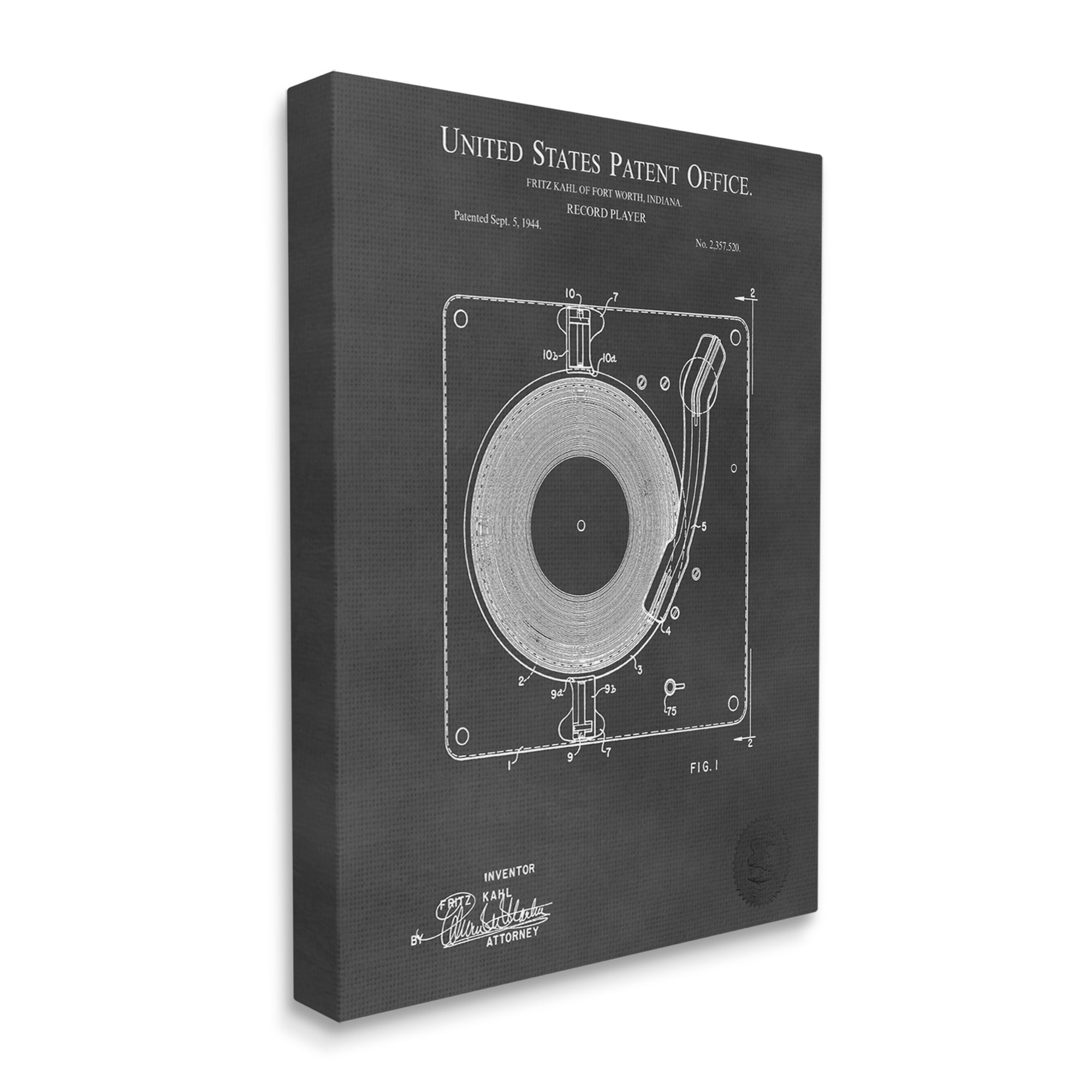Stupell Industries Turntable Record Player Diagram Blueprint Patent Text Canvas Wall Art, 36 x 48, Design by Karl Hronek