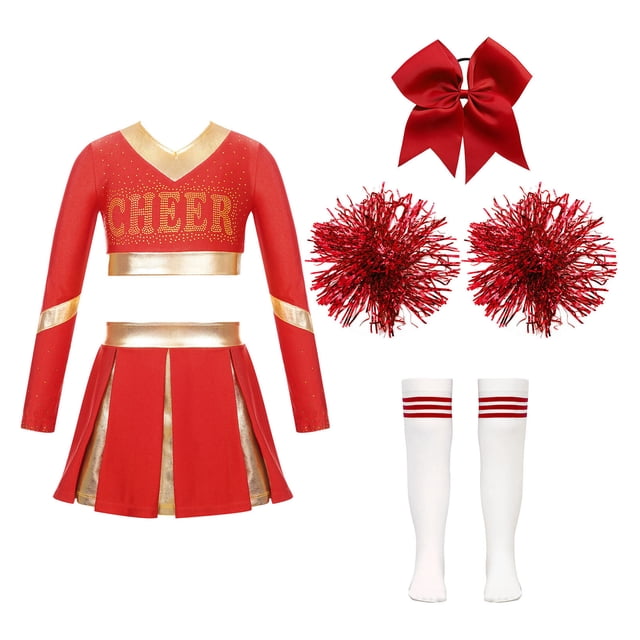 Sxiwei Robe de Cheerleader pour Filles, Crop Tops avec Jupes, Bas Pompon, Uniforme d'Équipe, Rouge 8