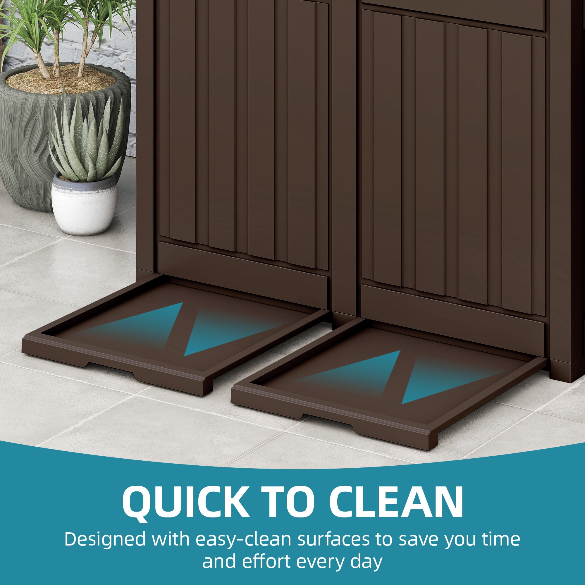Uforic Double Compartment Outdoor Trash Can, 62 Gallon Waterproof Resin Garbage Bin with Tiered Lid and Drip Tray for Patio Deck Backyard, Dark Brown