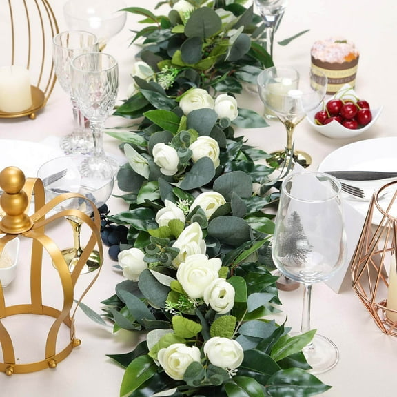 BalsaCircle 48" Green Artificial Eucalyptus Leaves Silk Ranunculus Flowers Party Greenery Garland