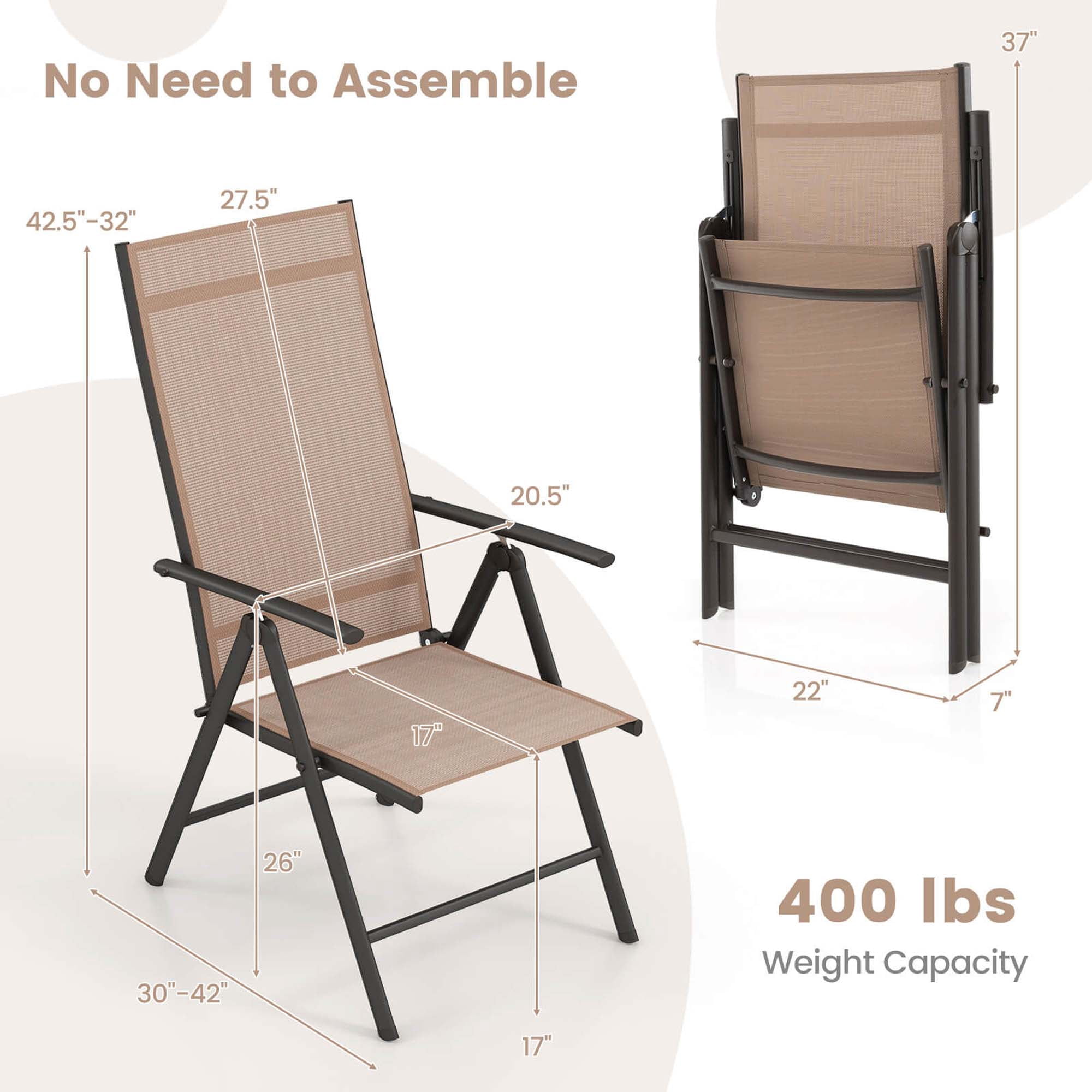 Costway 1 PCS Patio Folding Dining Chair with 7-Level Adjustable High Backrest for Garden Brown