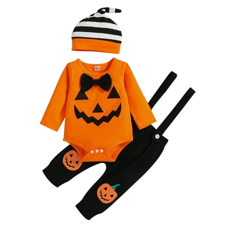 

CenturyX 4Pcs Baby Girls Halloween Outfit Autumn Ribbed Letter Print Ruffle Long Sleeve Jumpsuit+Floral Pants+Hairband+Hat Suit Orange 9-12 Months