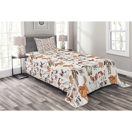 Dog Bedspread Dog Lover Bedspread Set, Cartoon Style Chihuahua Terrier Bulldog and Beagle Funny Characters Purebred Pets, Decorative Quilted Coverlet Set with Pillow Shams Included, Multicolor, by Ambesonne ()