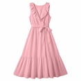 thumbnail image 5 of Women's Maxi Dress V Neck Sleeveless Ruffle Trim Tie Waist Tiered Dress Flowy Casual Summer Vacation Sundress Pink S, 5 of 6