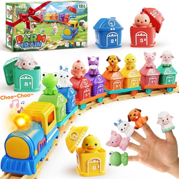 Toddler Toys for 1 2 3 Year Old Boy Girl, Electric Train Set with Music, Light & Tracks, 8 Farm Animals & 8 Barns, Montessori Learning Toy for 1 2 3 Year Old, Birthday Gift for Boy and Girl (37PCS)