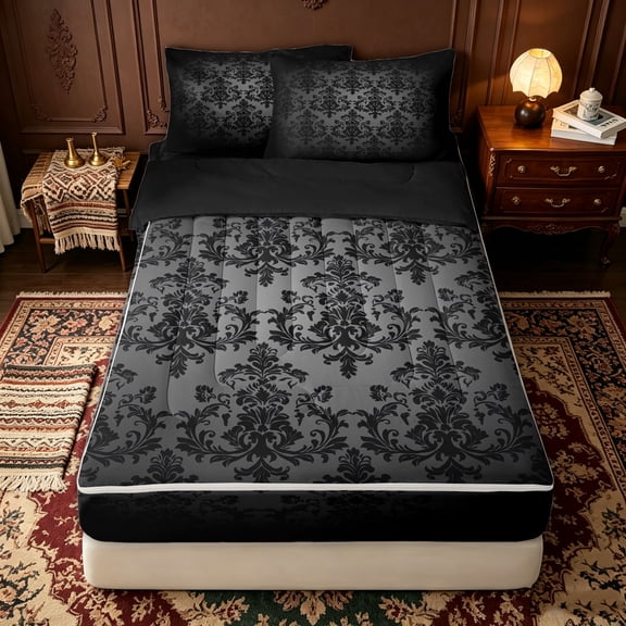 Erosebridal Vintage Damask Floral Zipper Twin Comforter Sets with Fitted Sheet and 2 Pillowcases for Women Men, Gray Boho Paisley Zipper Bedding Set, Black Reversible, 4-Piece
