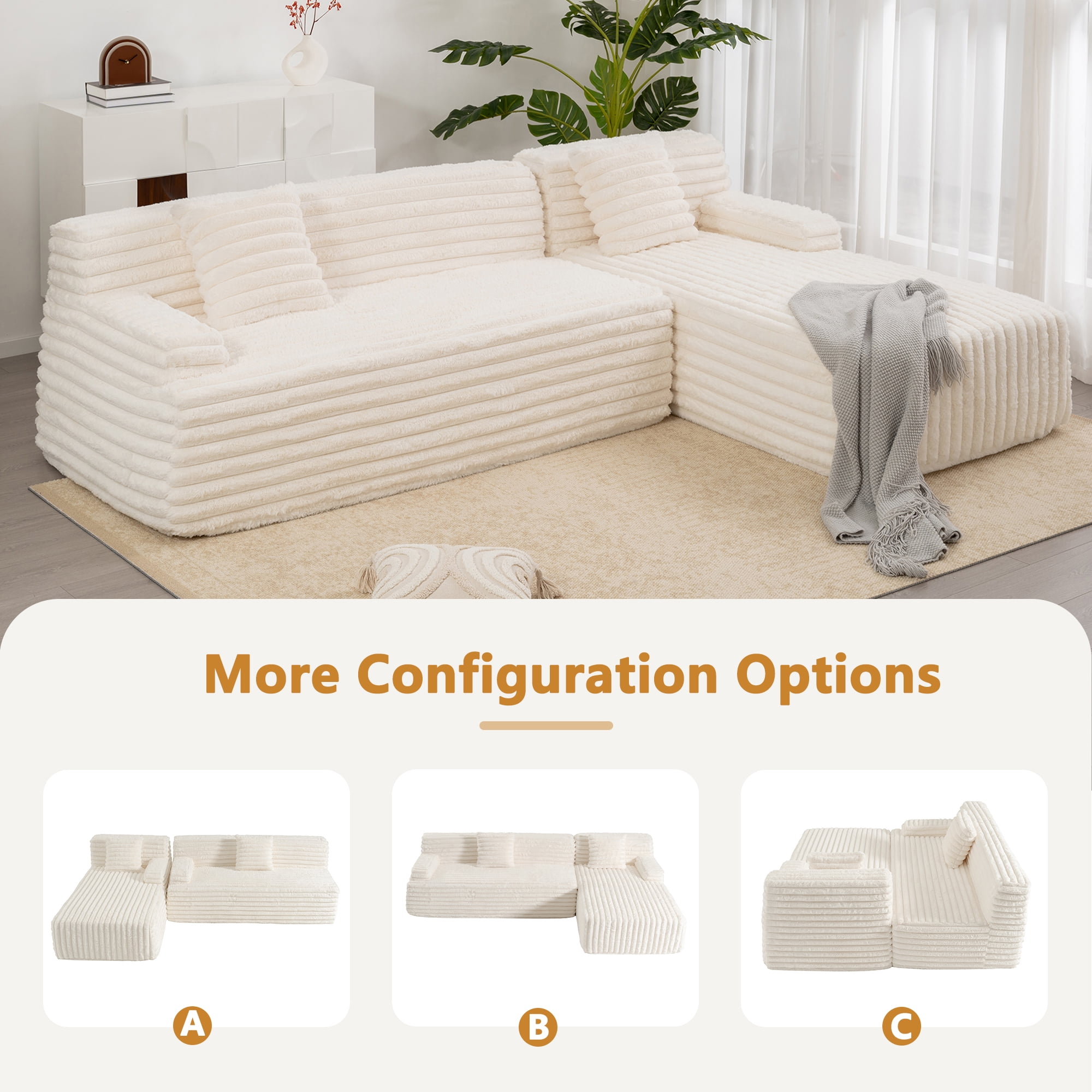MOONMISS 110" Faux Rabbit Fur L-Shaped Modern Minimalist Modular Free Combination Sofa-Beige