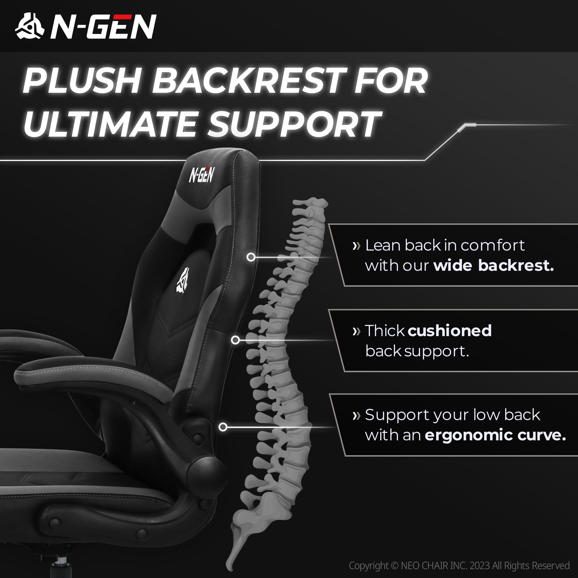 N-GEN Video Gaming Chair Ergonomic Computer Desk Office Chair with Lumbar Support Adjustable Height Swivel Wheels Flip-Up Arms PU Leather Home and Office (Grey)