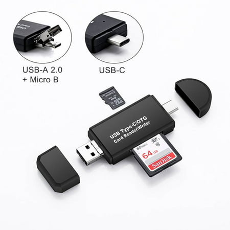 3 in 1 USB Type C/USB 2.0/Micro USB Portable Memory Card Reader OTG Adapter for SDXC, SDHC, SD, MMC, RS-MMC, Micro SDXC, Micro SD, Micro SDHC Card and UHS-I