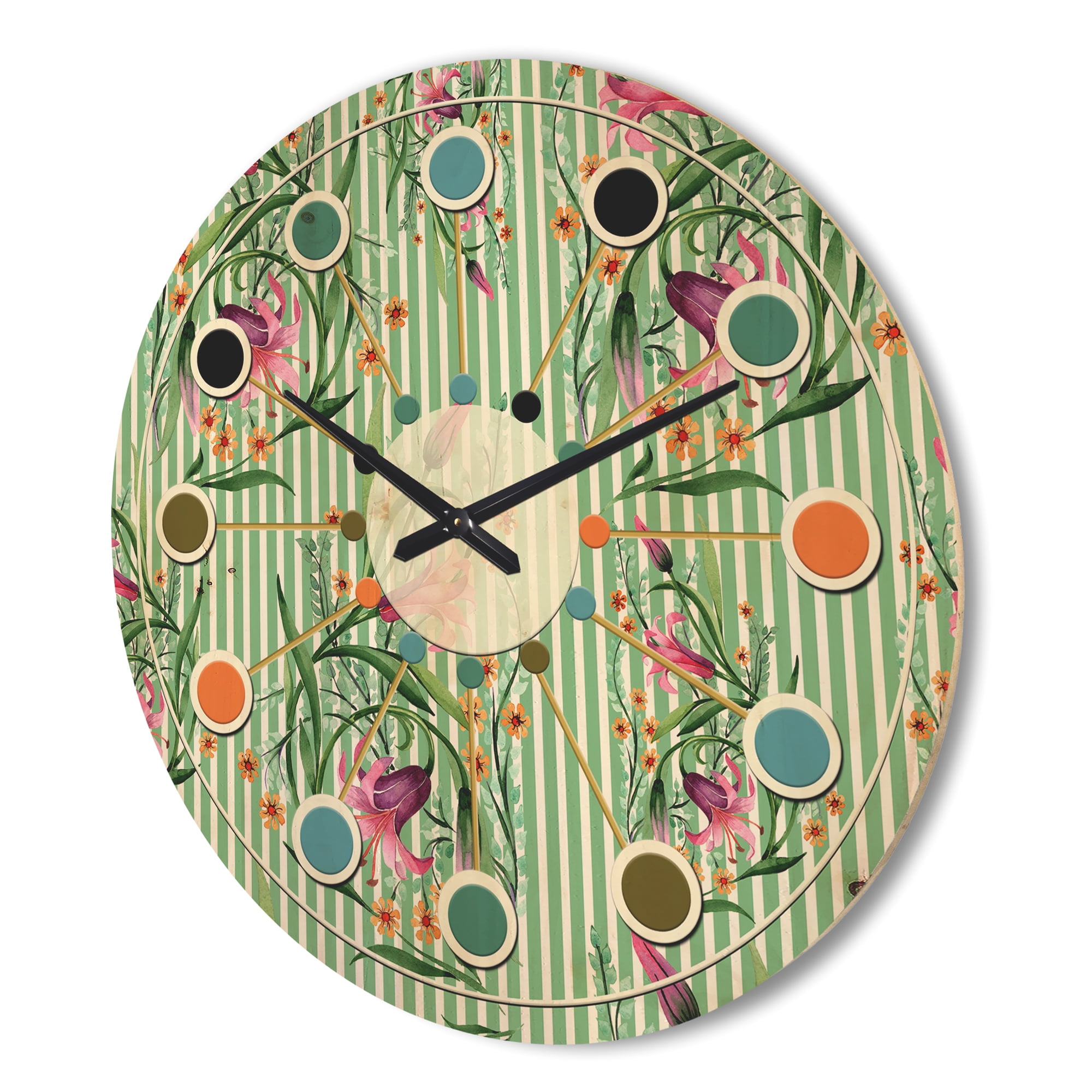 Designart 'Botanical Floral Retro IX' Mid-Century Modern Wood Wall Clock
