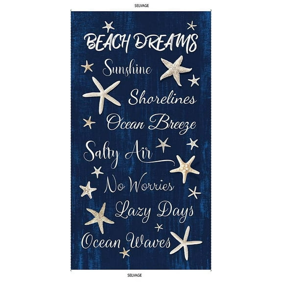 23.5" X 44" Panel Beach Dreams Shining Brightly Summer Beach Words Phrases Starfish Blue Cotton Fabric Panel (PANEL-C1232-NAVY)
