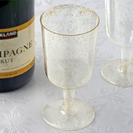 

7 oz Disposable Gold Glittered Clear PLASTIC Champagne GLASSES Party TABLEWARE