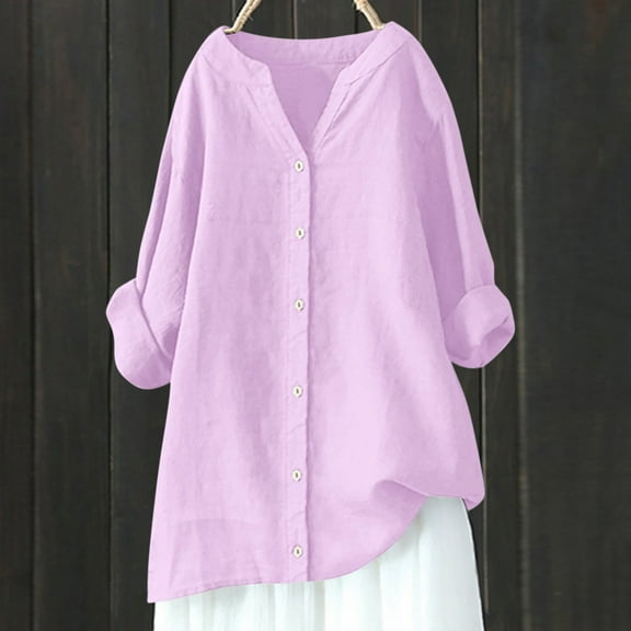 Alkepwun Womens Plus Size Cotton Linen Shirts Long Sleeve Gauze Shirt Button V Neck Blouse Casual Work Lounge Tunic Tops