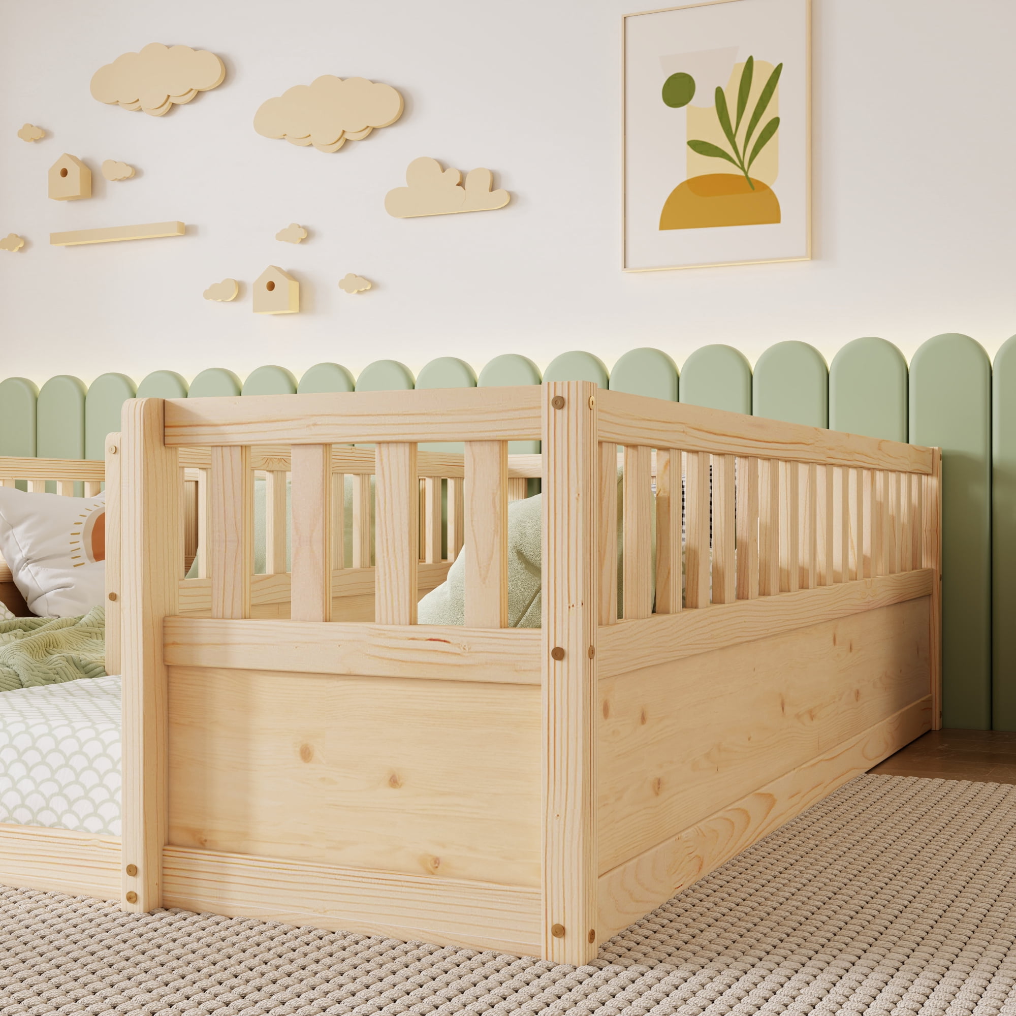 Leumius Double Pine Wood Twin Floor Bed with Semi-Enclosed Safety Guardrails, Open Entrance for Kids Bedroom Natural