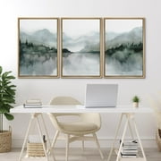 IDEA4WALL Framed Canvas Print Wall Art Set of 3 Misty Mountain & Lake View Illustration Print Watercolor Abstract Forest Serene Modern Digital Art Minimal Chic for Home Decor - Natural 24x36x3