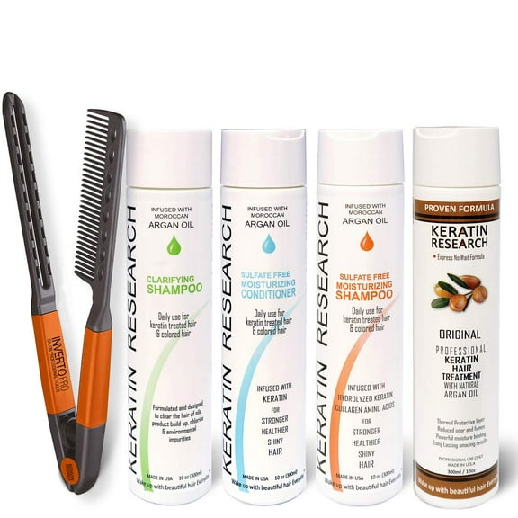Complex Brazilian Keratin Hair Treatment Kit with Argan Oil Blowout Treatment Natural Organic Results Straightening Smoothing Hair with Clarifying Moisturizing Shampoo Conditioner Easy Comb (4x10oz)