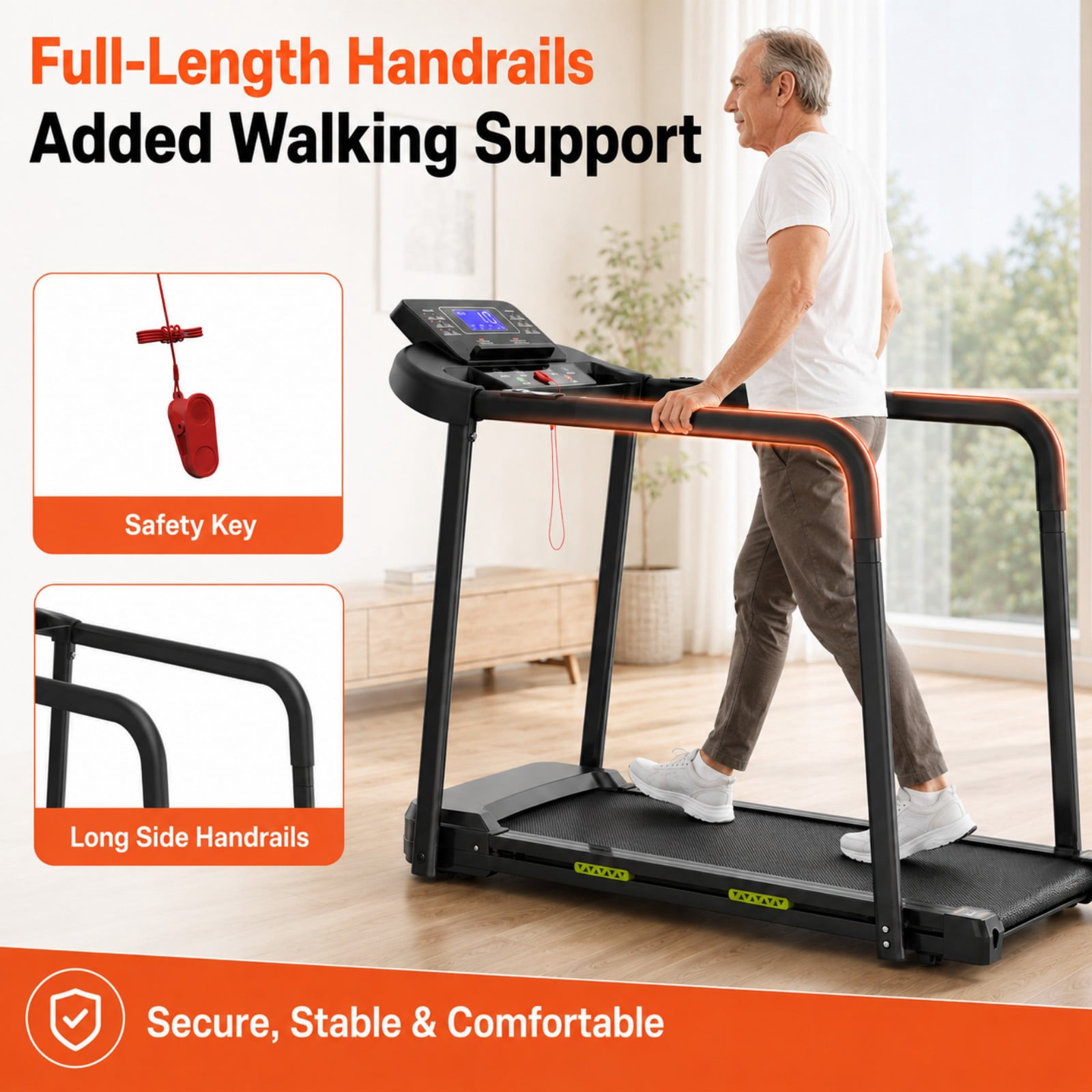 Noaman Senior Walking Treadmill with Long Handrails, Walking Pad Treadmill for Home, 2.5 HP Quiet Motor, 0.5-7.5 MPH Speed Range, Large LED Display, 300 lb Capacity, Black