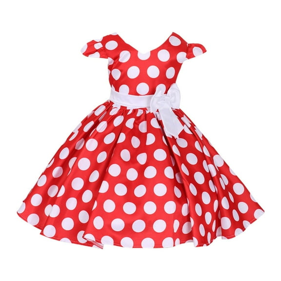 Toddler Dress Elegant Bow Belted Performance Gown Fly Sleeve Polka Dot Tutu Dress Girls' Dresses Red 4-5 Years
