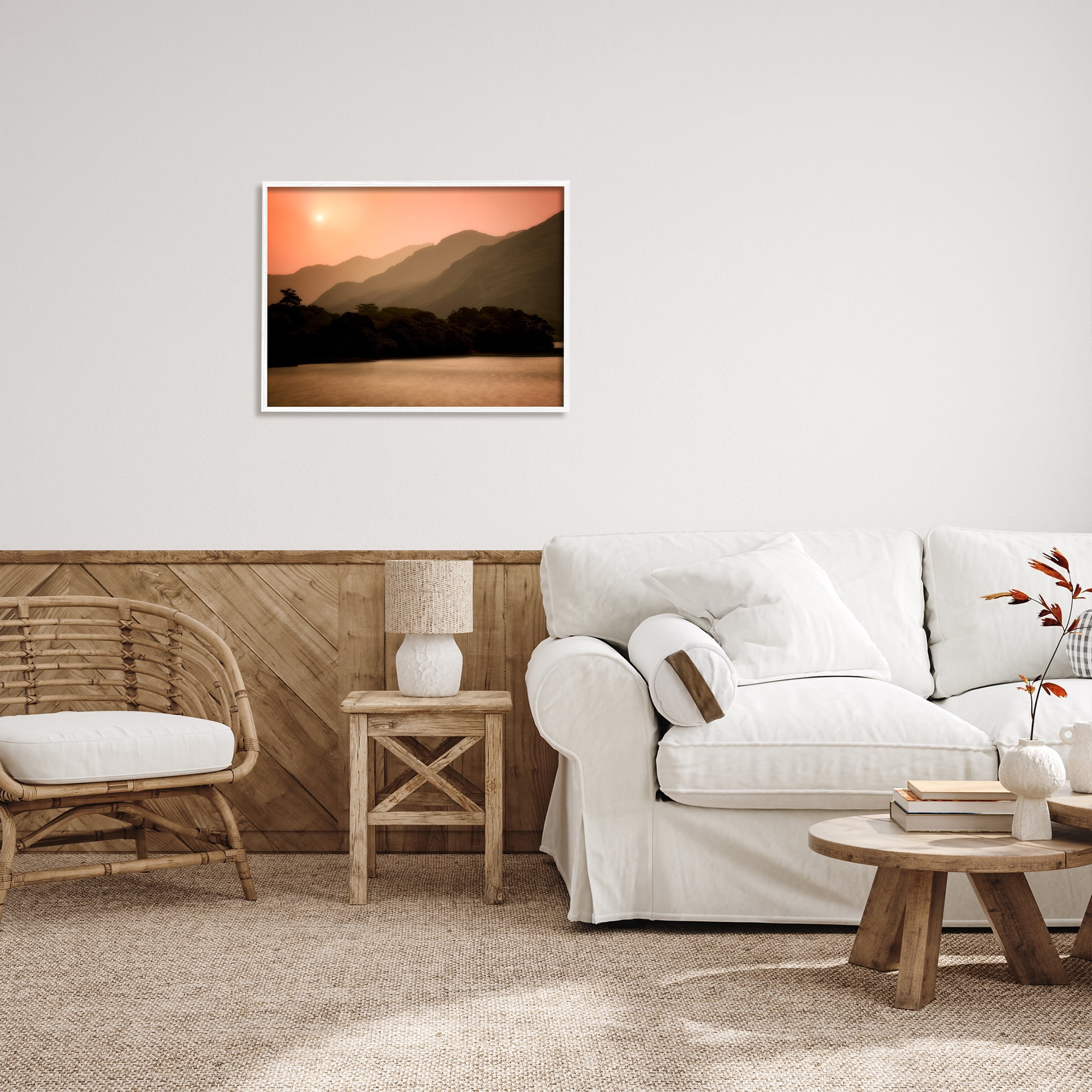 Stupell Industries Sunset over Mountain Peaks Nature Photography White Framed Art Print Wall Art, 30 x 24