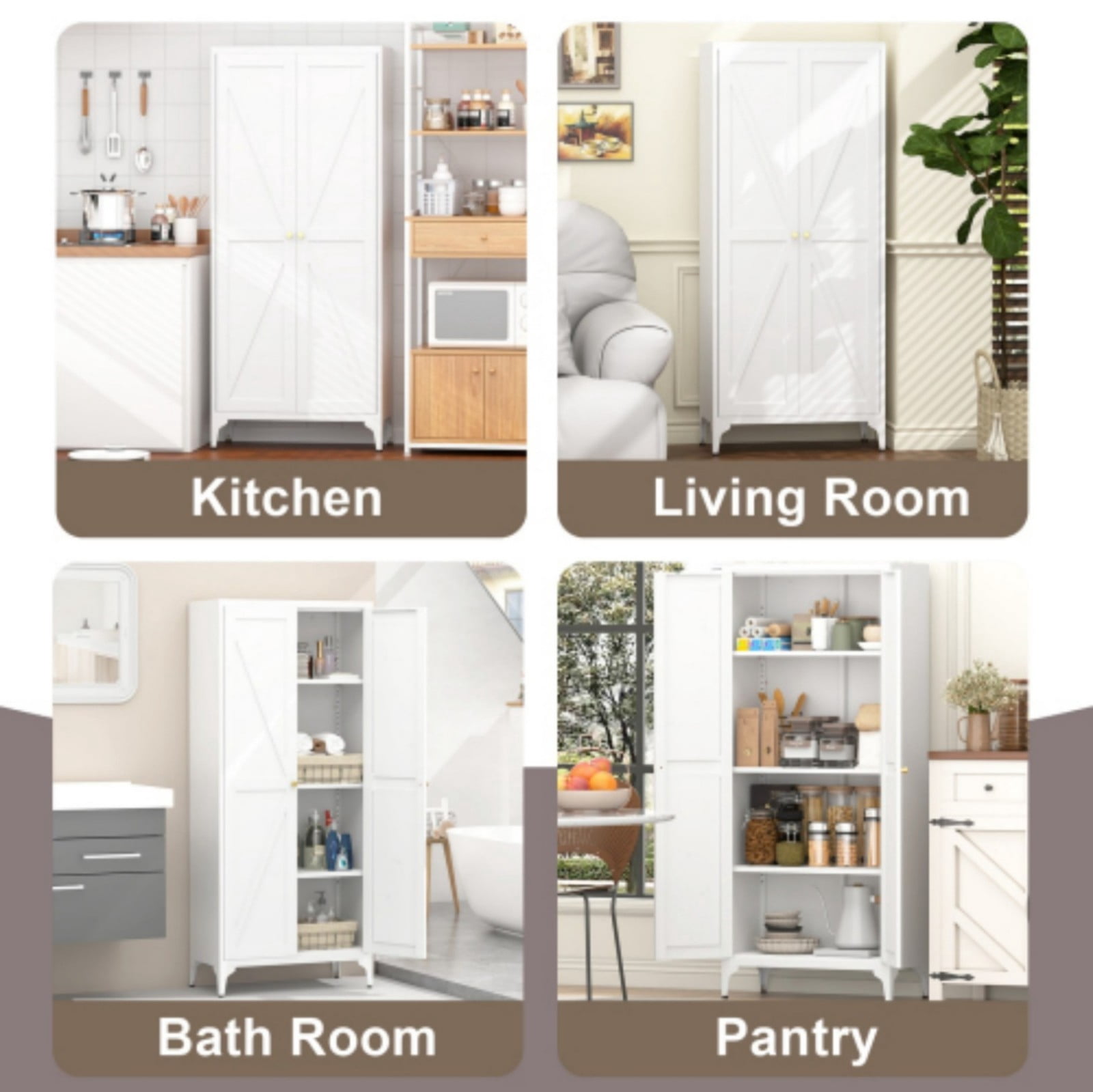 65" H Metal Storage Cabinet, 2-Door Steel Pantry Cabinet with Adjustable Shelves, Freestanding Kitchen Storage Cabinet for Living Room, Bedroom, Office, White