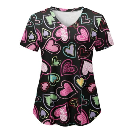 

TAIAOJING Women s Scrub Top Fashion Casual V Neck Valentines Day Printed Short Sleeved Protective ing