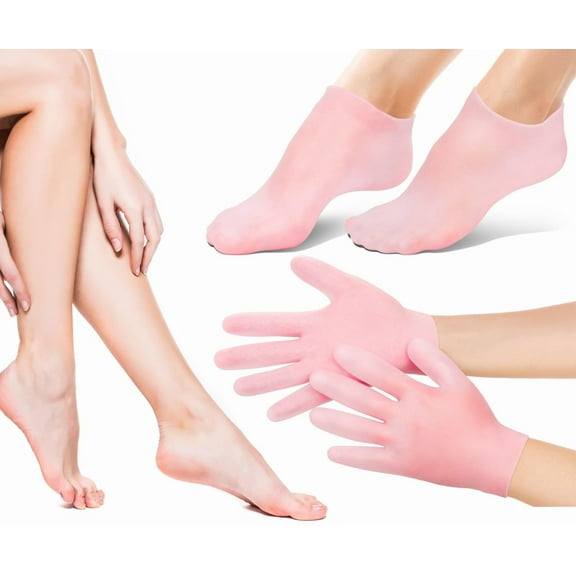 Artrylin 2 Pairs Silicone Moisturizing Glove Socks Set, Silicone Gel Spa Socks for Dry Cracked Skin,Silicone Gel Heel Socks Anti Slip,Foot Care After Pedicure (Pink)