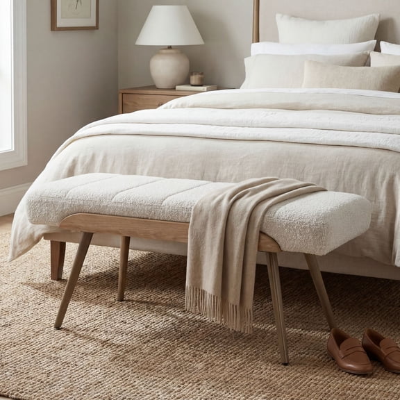Dayalane 35.5" Mid-Century Modern Boucle Upholstered Bench, Tufted Ottoman Accent Bench with Solid Wood Trim, Bronze Metal Legs for Entryway, End of Bed, Beige
