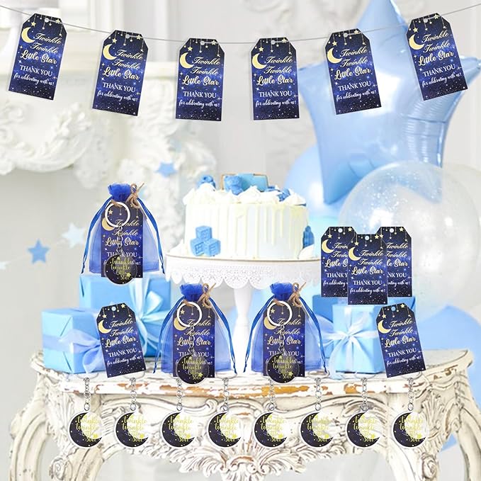 Serencatcher Twinkle Twinkle Little Star Party Favors, 72pcs Over The Moon Baby Shower Decorations Navy Blue Moon Star Keychains Thank You Tags Organza Bags for He or She Gender Reveal Party