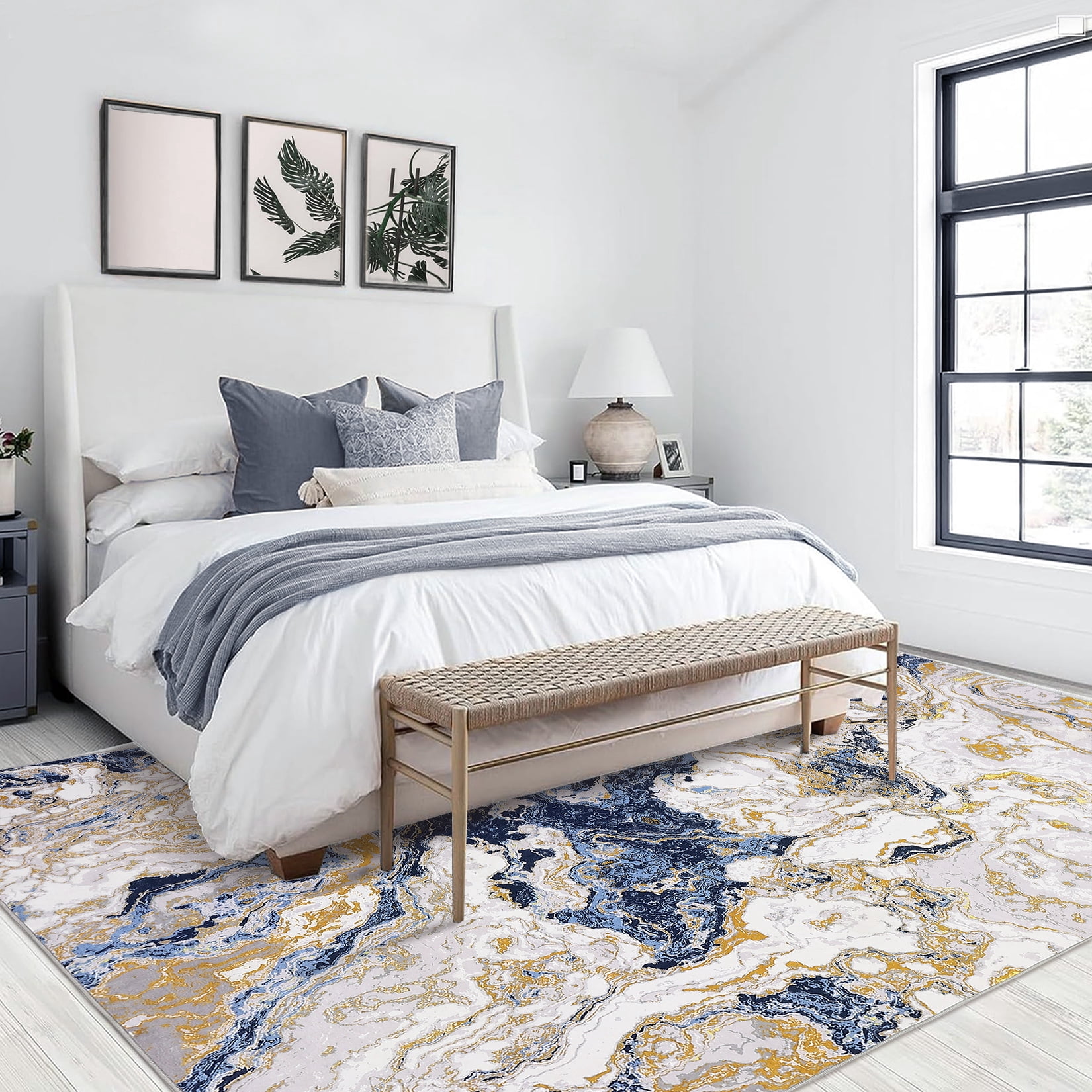 JoanKaren Modern Marble 4'x6' Area Rug,Washable Boho Abstract Marble Pattern,Ideal for High Traffic Areas in Living Room,Kitchen,Dining,Blue