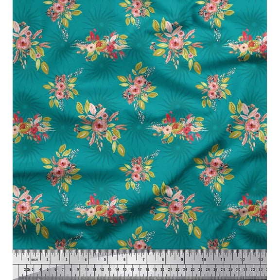 Soimoi Green Silk Fabric Leaves & Flower Floral Print Sewing Fabric Yard 44 Inch Wide