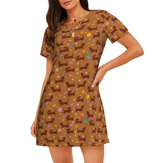 Fotbe Dachshund And Ball Bata de Dormir para Mujer con Estampado, Camisón de Algodón de Manga Corta, Ropa de Dormir Casual