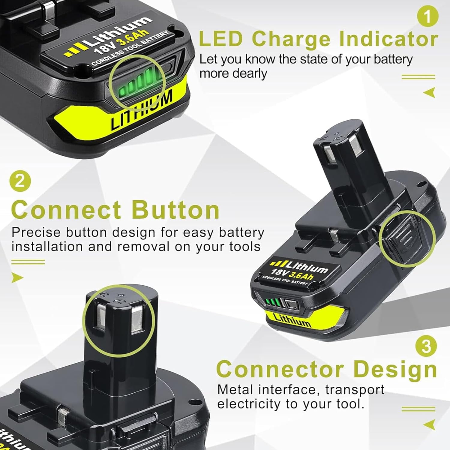 2Pack 18V 3.6AH P102 Lithium-Ion Battery Replacement for Ryobi 18V P108 P107