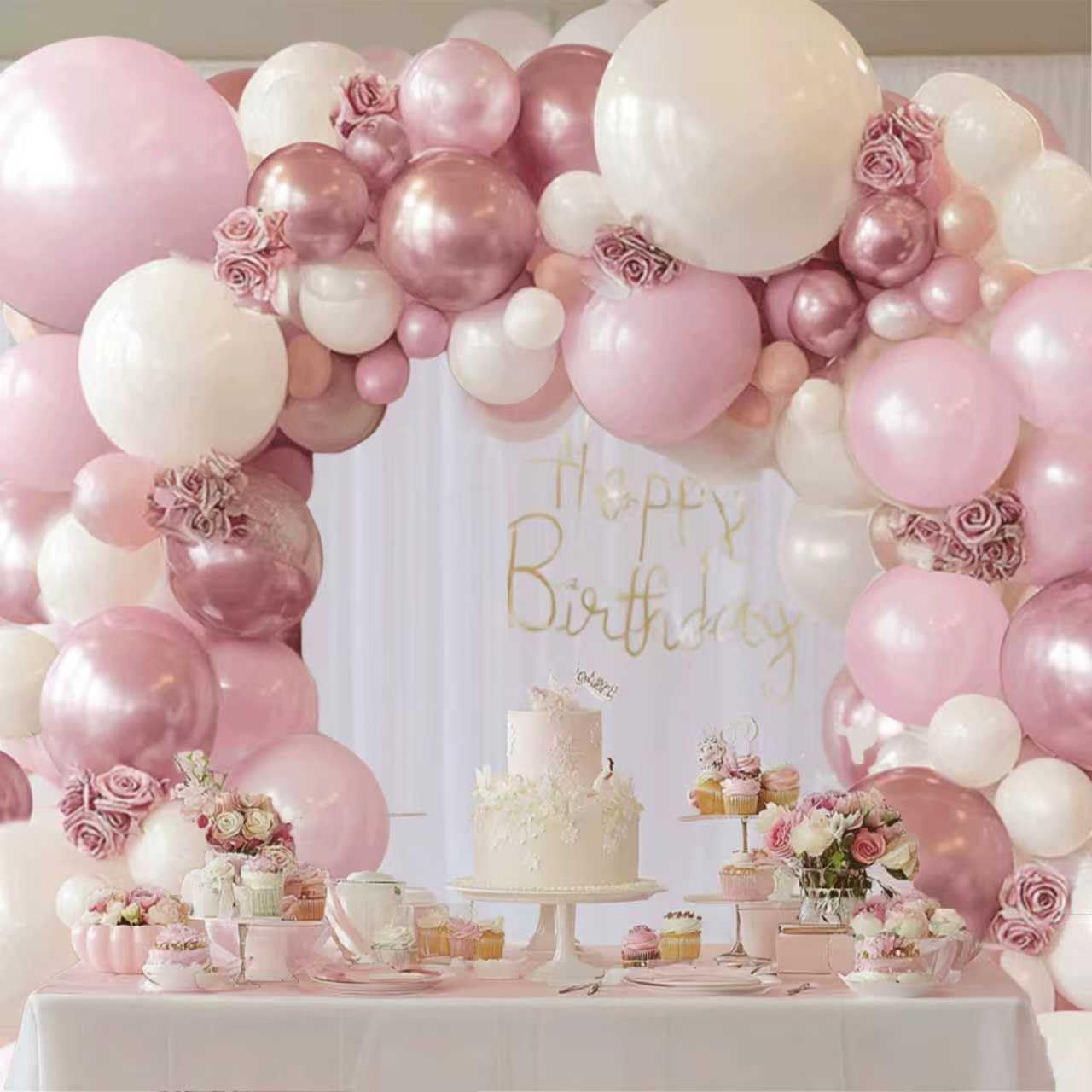 Pink and White Balloons Arch Kit,Double Stuffed Pearl Light Pink Metallic Pink Balloon Sand White Beige Ivory Balloons Garland for Birthday Wedding Valentine's Day Bridal Shower Party Decor