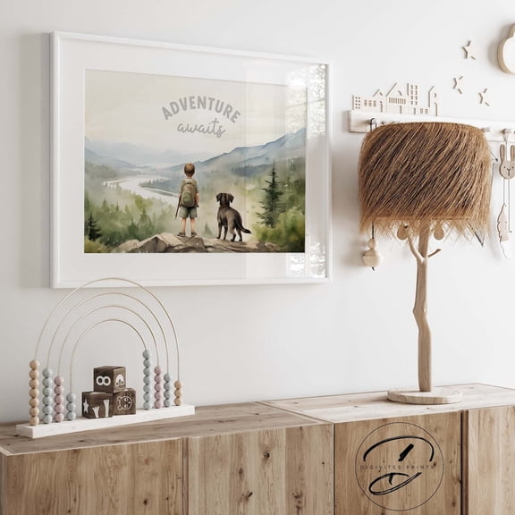 Adventure Awaits Nursery Wall Art, Boy With His Dog Looking Over Mountains, Boy Nursery Decor, Mountain Forest Nursery Art, Home Decor #218, Unframed Poster Size 8x12