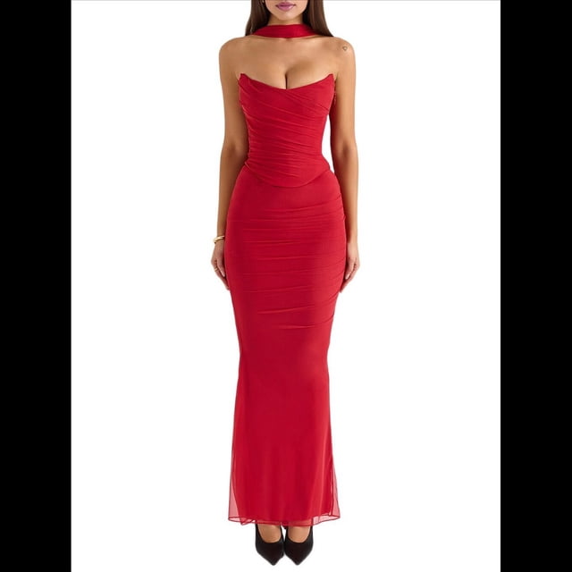 Vestido Tubo con Hombros Descubiertos para Mujer, Estilo Corsé, Plisado, Ajustado, para Invitada de Boda Formal, Conjunto de Dos Piezas. Rojo M