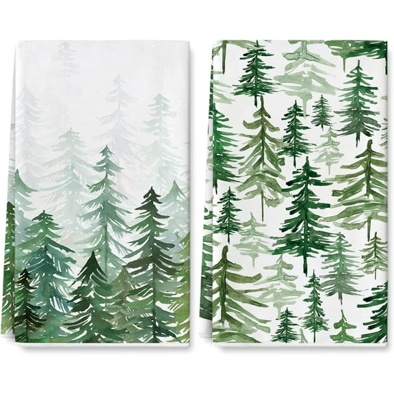 Christmas Kitchen Dish Towel 18 x 26 Inch Watercolor Pine Trees Dishcloth Xmas Tree Decorative Hand Drying Tea Towel for Xmas Winter Holiday Kitchen Cooking Baking Bathroom, 2Pcs