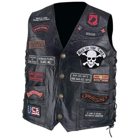 2 Piece Leather Vest Diamond Plate Hand-Sewn Pebble Grain Genuine Buffalo Leather Biker Vest with 23 Patches ()