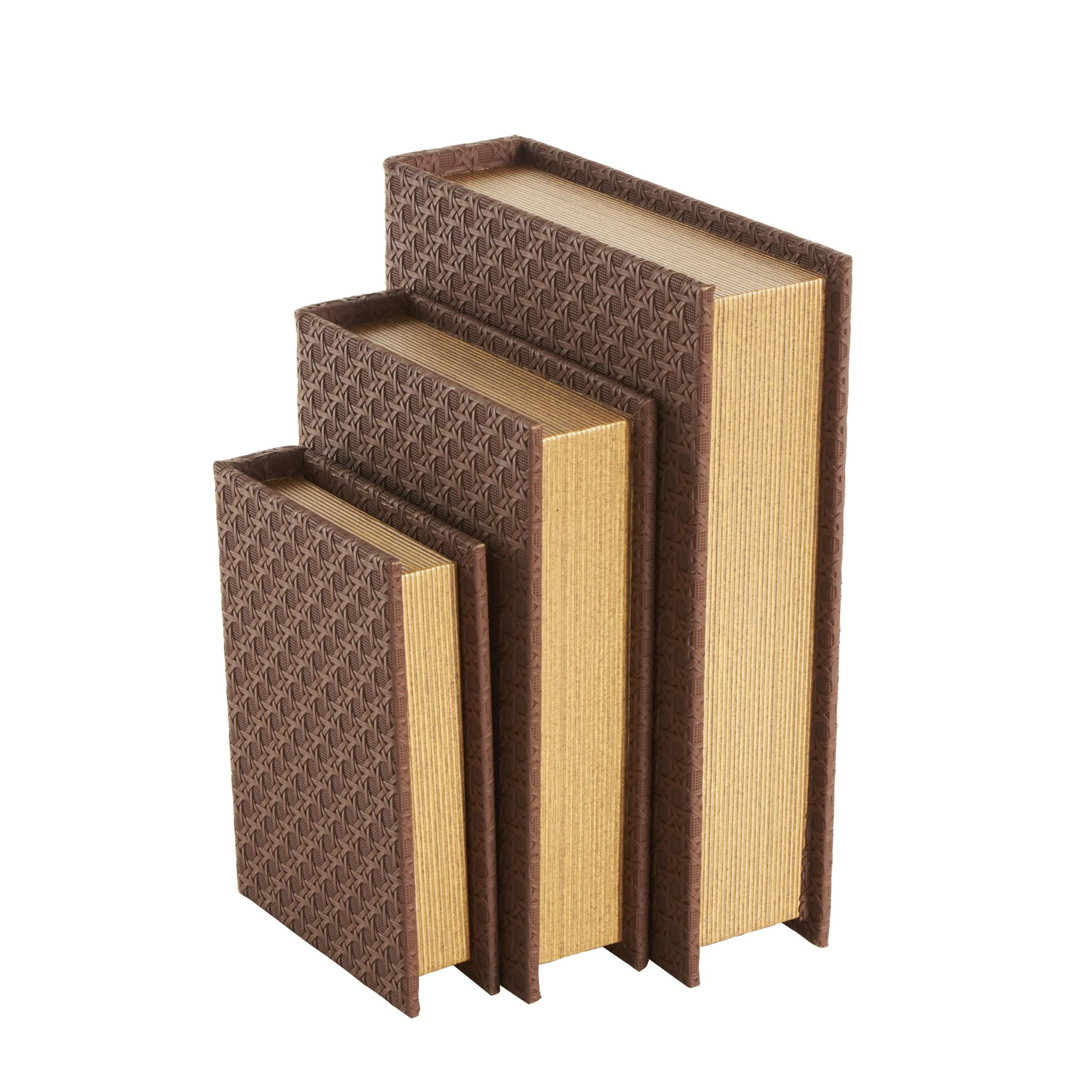 DecMode Woven Grid Faux Book Storage Brown Faux Leather Decorative Box, 3 Count