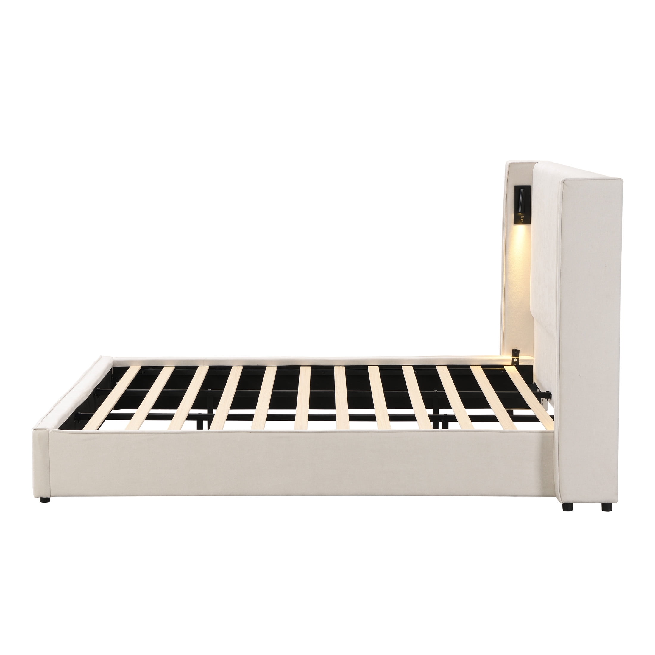 Carys Modern King Boucle Upholstered Bed, Platform Bed with Wingback Headboard, White
